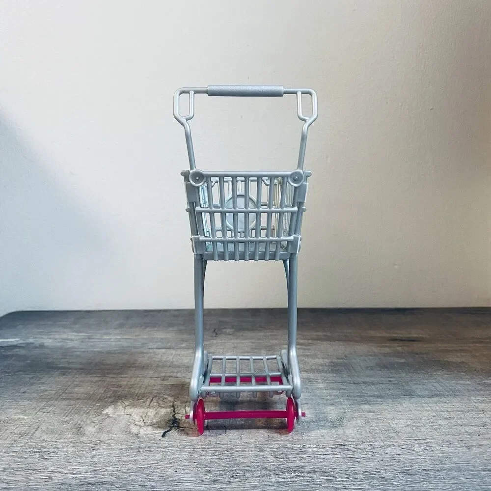 Mattel Barbie Doll Shopping Cart Grocery Store Buggy Gray Plastic Pink Wheels